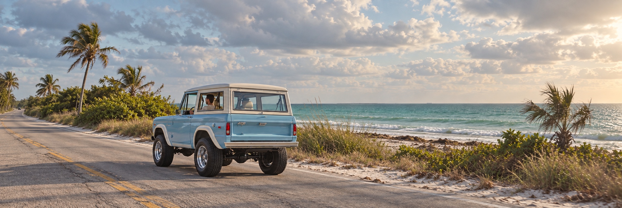 A light-blue classic Ford Bronco with a visible driver, ivory hardtop, and white fender flares driving along a palm-lined Florida beach highway.