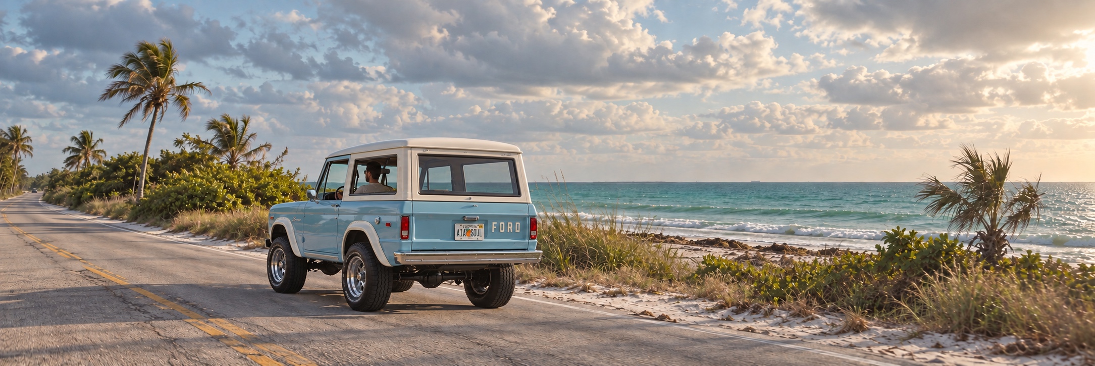 A light-blue classic Ford Bronco with a visible driver, ivory hardtop, and white fender flares driving along a palm-lined Florida beach highway.