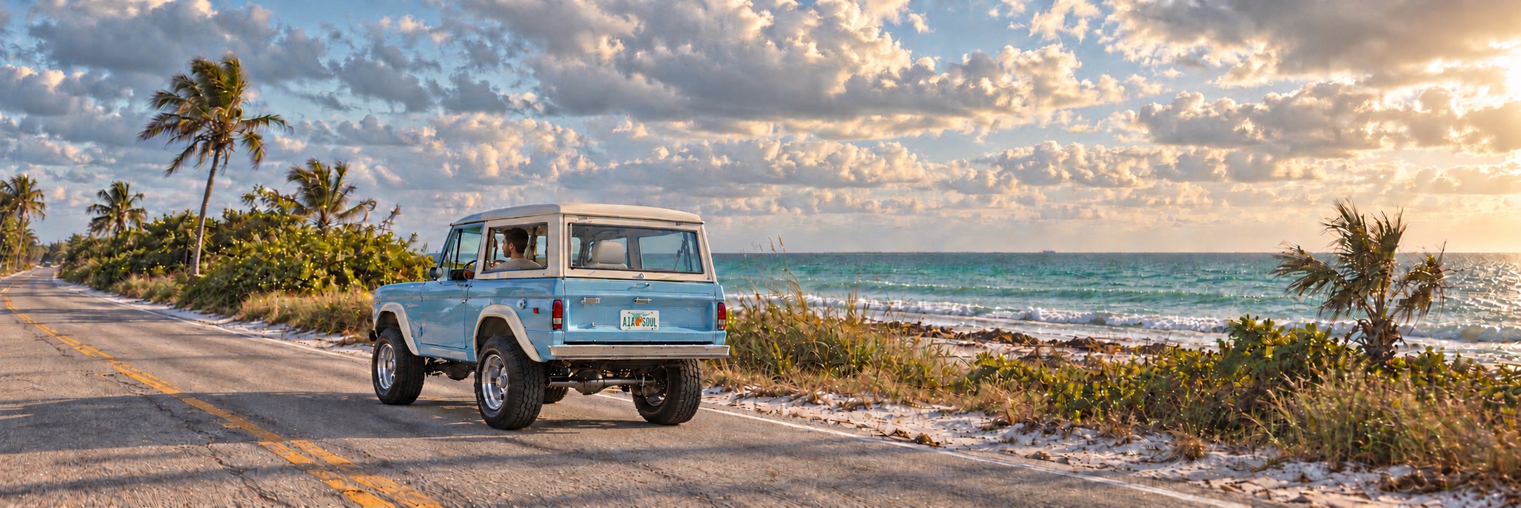 A light-blue classic Ford Bronco with a visible driver, ivory hardtop, and white fender flares driving along a palm-lined Florida beach highway.