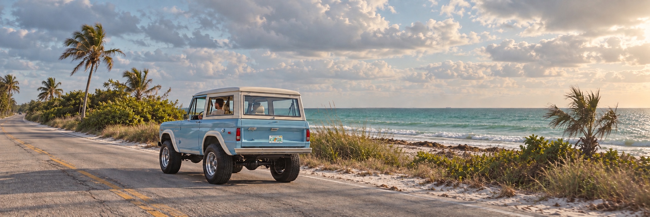 A light-blue classic Ford Bronco with a visible driver, ivory hardtop, and white fender flares driving along a palm-lined Florida beach highway.